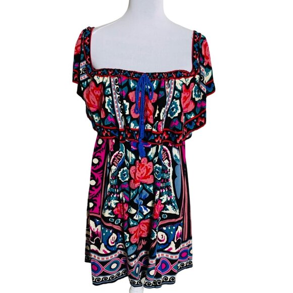 Flying Tomato Boho Floral Off Shoulder Tunic Dress Size M Tassels Mini Coachella - Picture 1 of 11